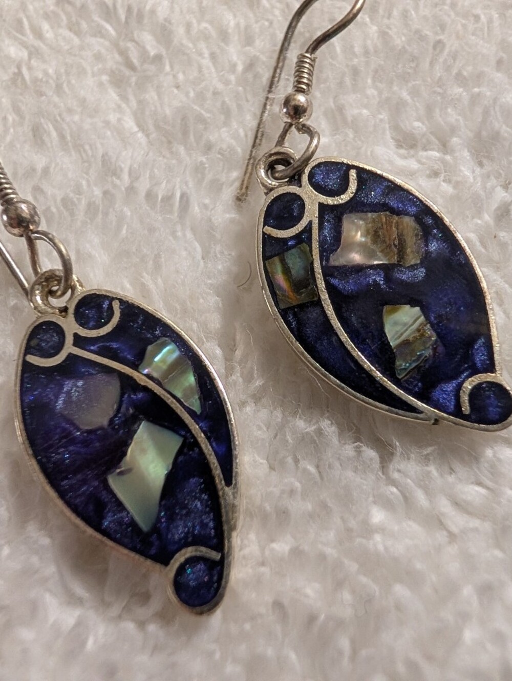Mexico Alpaca Silver Blue Abalone Inlay Drop Earrings